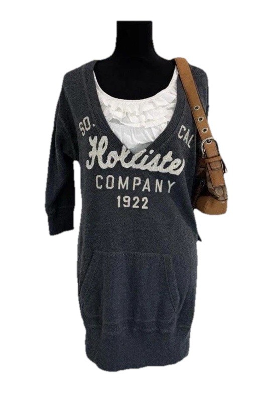 Y2K Hollister V Neck Sweatshirt Tunic Vintage Women’s Large Gray Pullover Logo