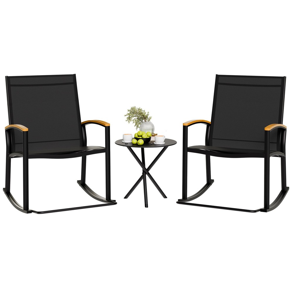 3-Piece Outdoor Rocking Bistro Set with Textilene Fabric for Small Patio Spaces