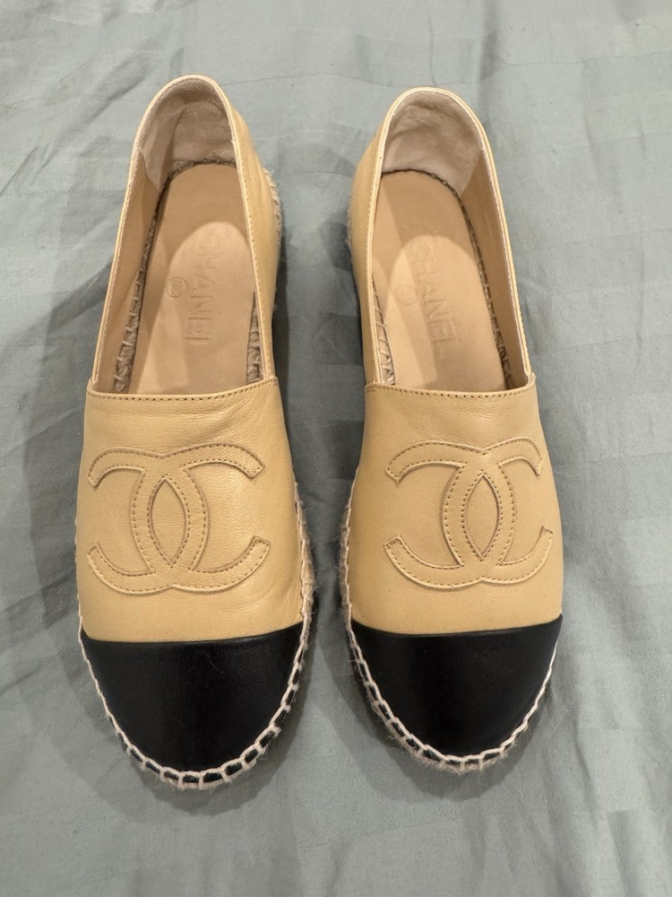 Chanel Beige Lambskin Leather Espadrille Flats Size 37