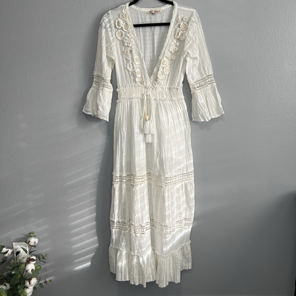 GD Golden Days PARIS Small Lace Boho Maxi Dress Hippie Coquette Fairy Whimsical