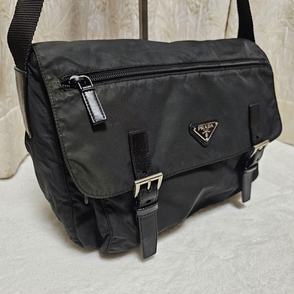 Prada black nylon shoulder bag with triangle logo belt from Japan