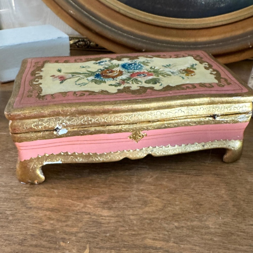 Vintage Italian Gilt & Pink Handpainted Floral Footed Wooden Box