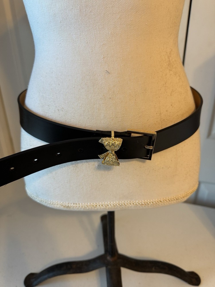 Kate Spade Women’s Black Leather Belt W/gold Bow Large NWOT