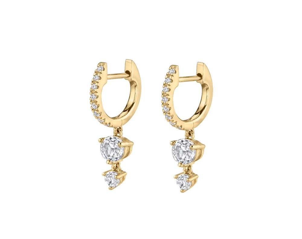 Dangle huggie hoop earrings with charm 14k yellow gold tiny hoops moissanite