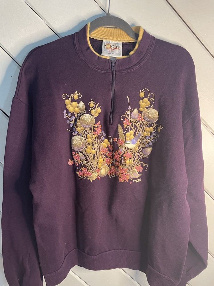 VTG 90s Morning Sun Floral Garden Graphic Size L Grandma Sweatshirt Grannycore