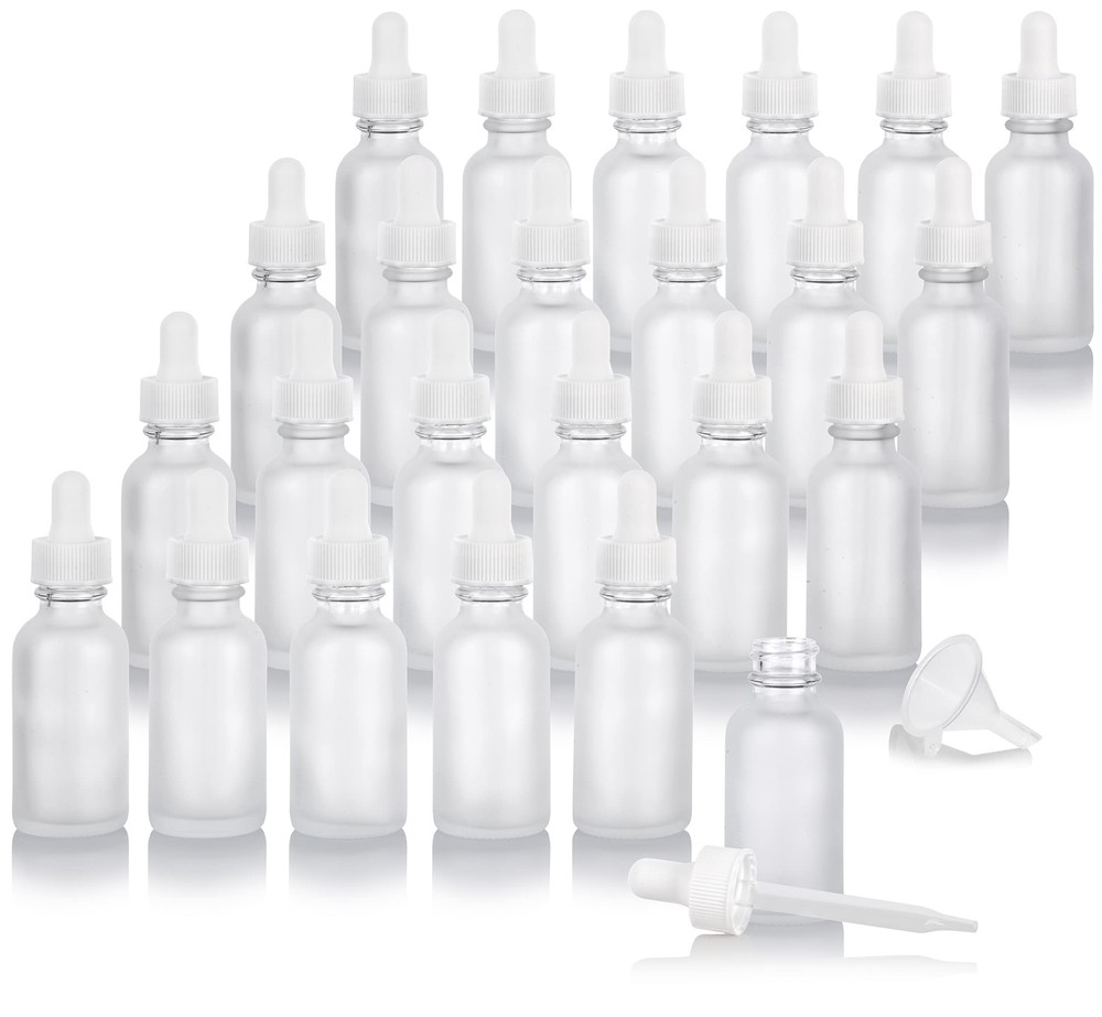 1 oz Frosted Clear Glass Boston Round Bottle with White Dropper (24 pack) + F...