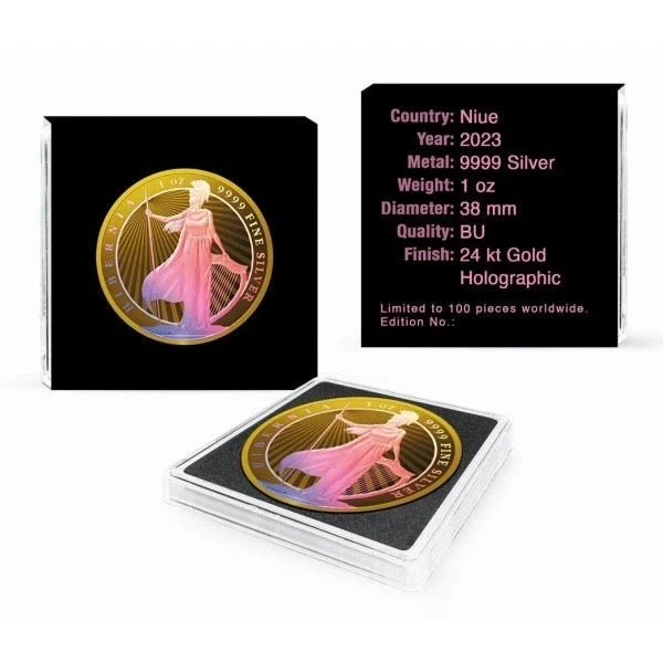 2023 Niue Hibernia Holographic 24k Gold Gilded 1 oz Silver Coin Only 100 Mintage