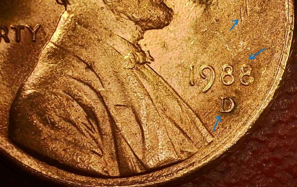 1988 D Lincoln Penny Strong Date Doubling & Rim Error