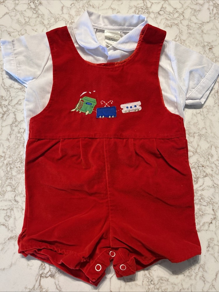 VTG Mayfair 90’s Christmas Red Overalls 24 Months Boys Girls embroidered Trains