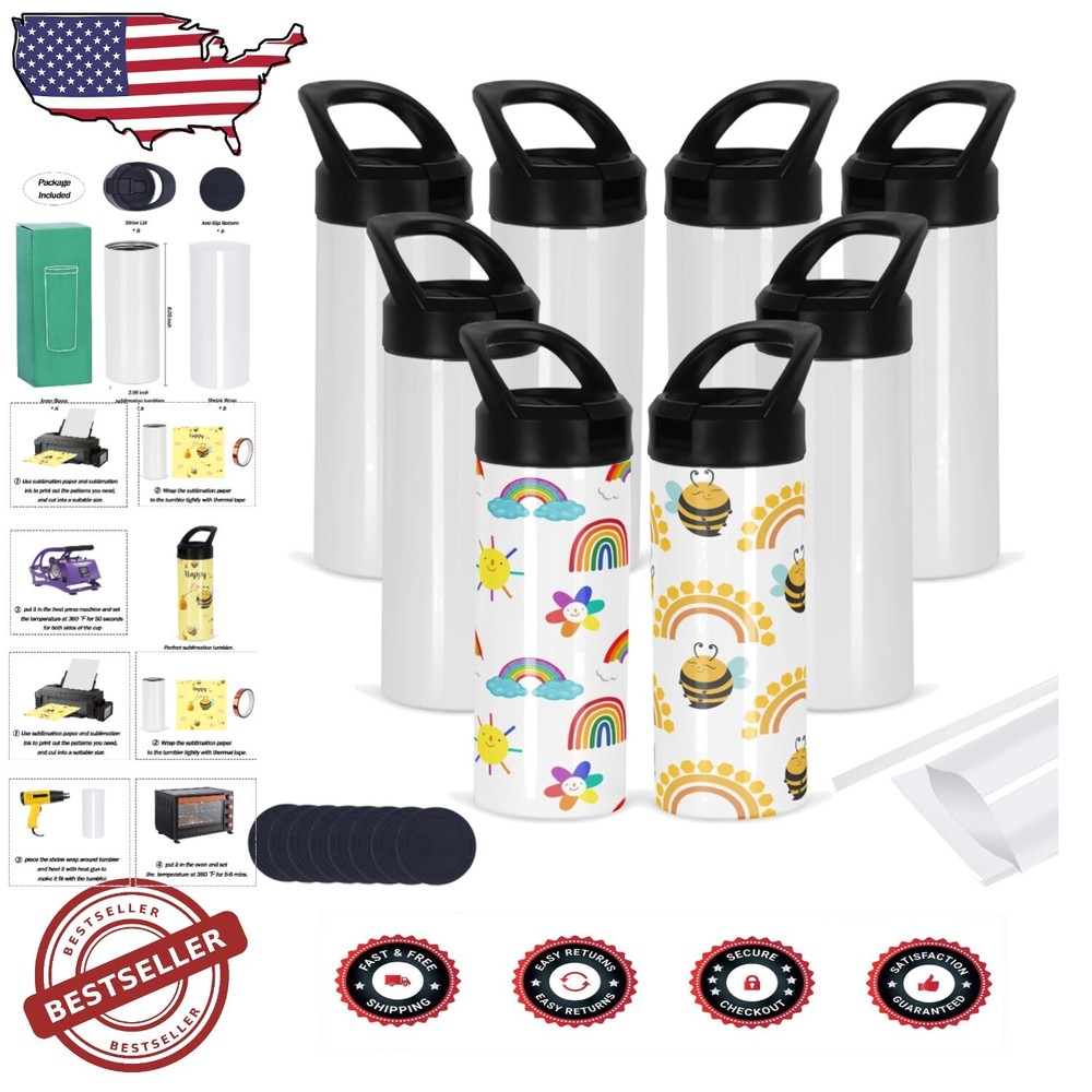 8-Pack 15oz Leak-Proof Stainless Steel Kids Sublimation Tumblers  
