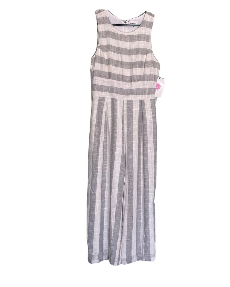 Sugar Lips Womens Linen Blend Jumpsuit Size Medium Gray Striped Sleeveless