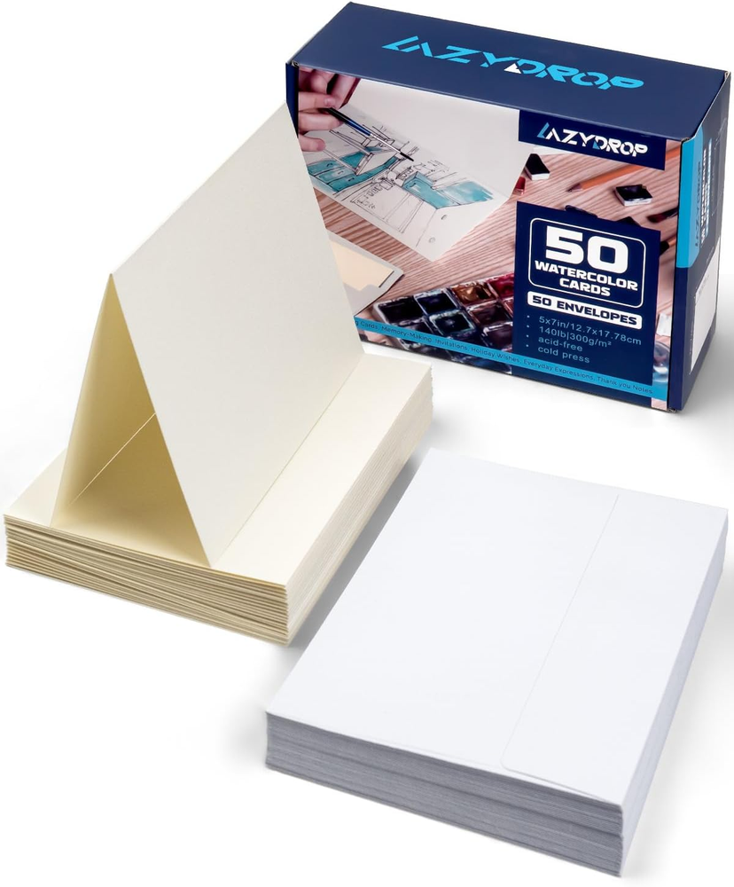 Watercolor Cards and Envelopes Set - 50 Folded 5X7 Inch Blank Heavyweight Paper