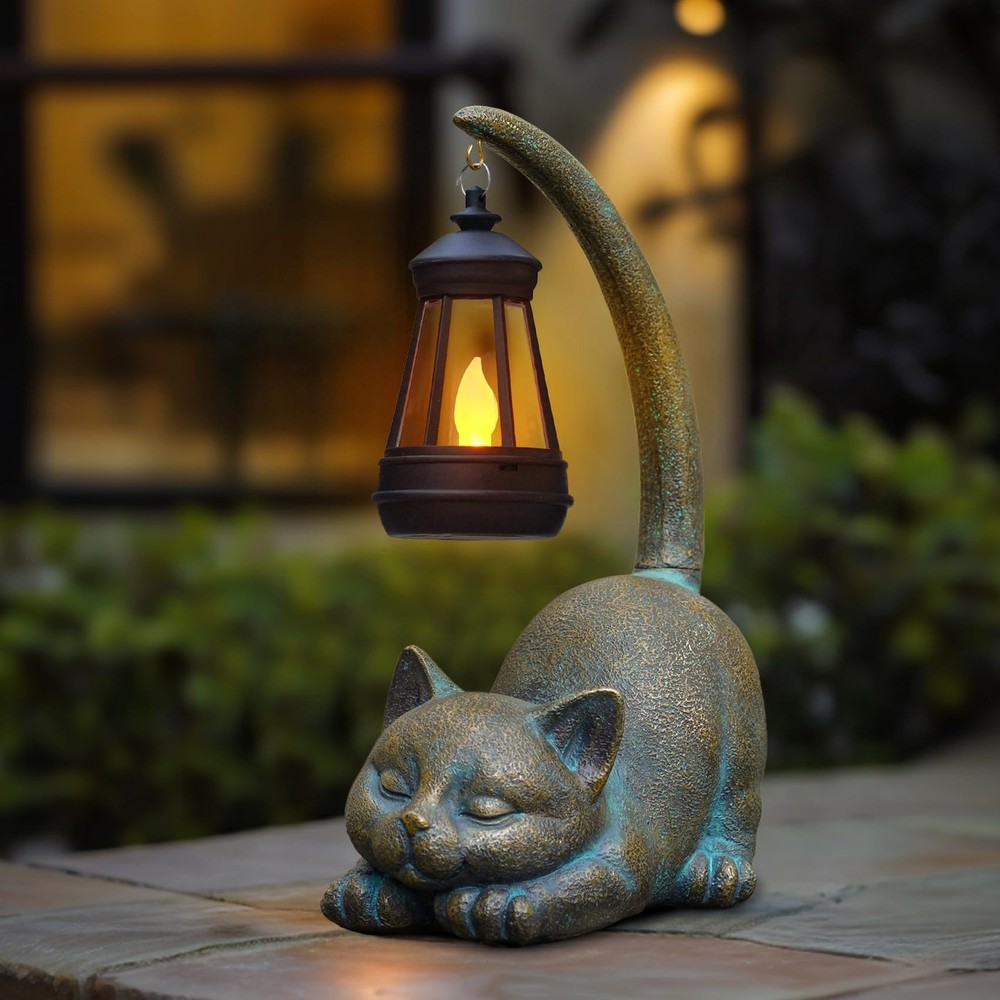 Solar-Powered Cat Garden Statue with LED Light Outdoor Decor