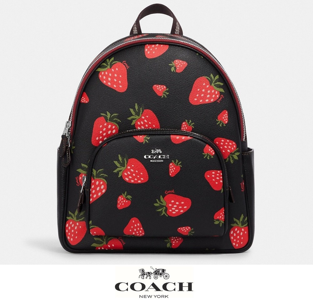 NWT Coach Court Backpack Wild Strawberry Print Silver Black Multi  