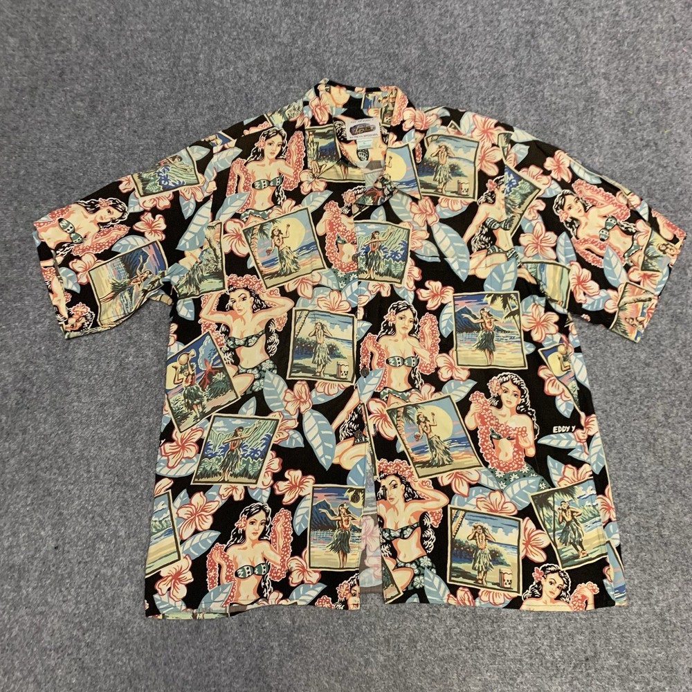 Reyn Spooner Mens Large Eddy Y Hawaiian Shirt Hot Rod Surf Beach 50s Cars