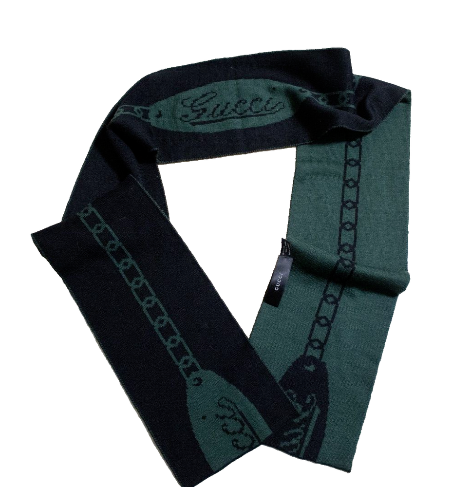 Gucci Rare Vintage Chain Wool Scarf Black/Green