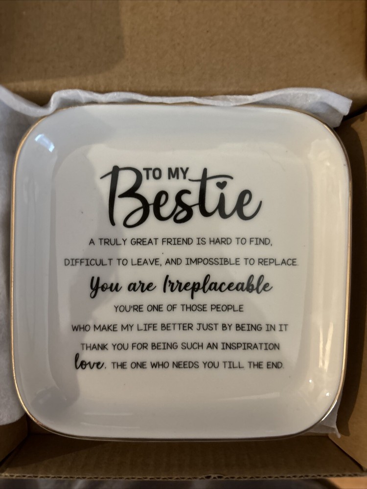 White Bestie Ring Dish For best friend Gifts With Gold Accents — NEW
