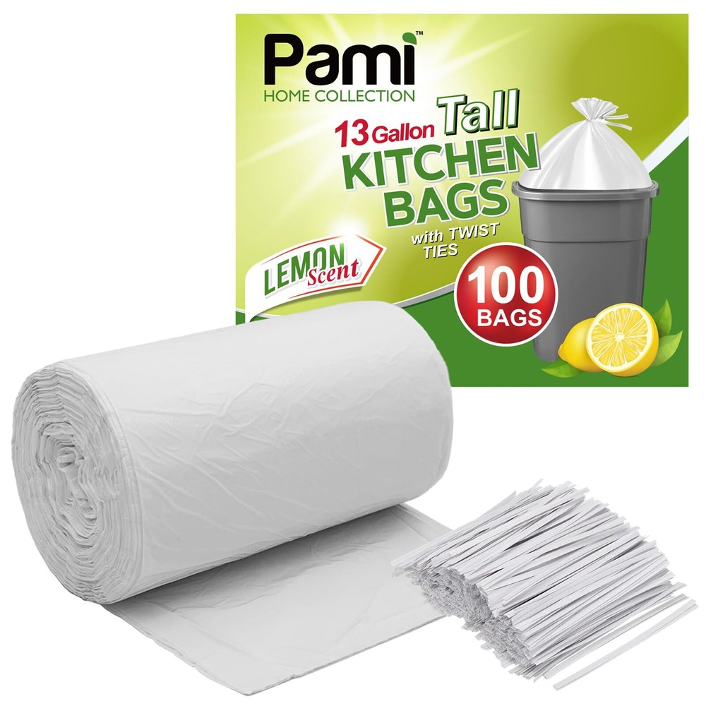 PAMI13-Gallon Tall Kitchen Garbage Bags With Twist Ties [100-Pack, White] Lem...