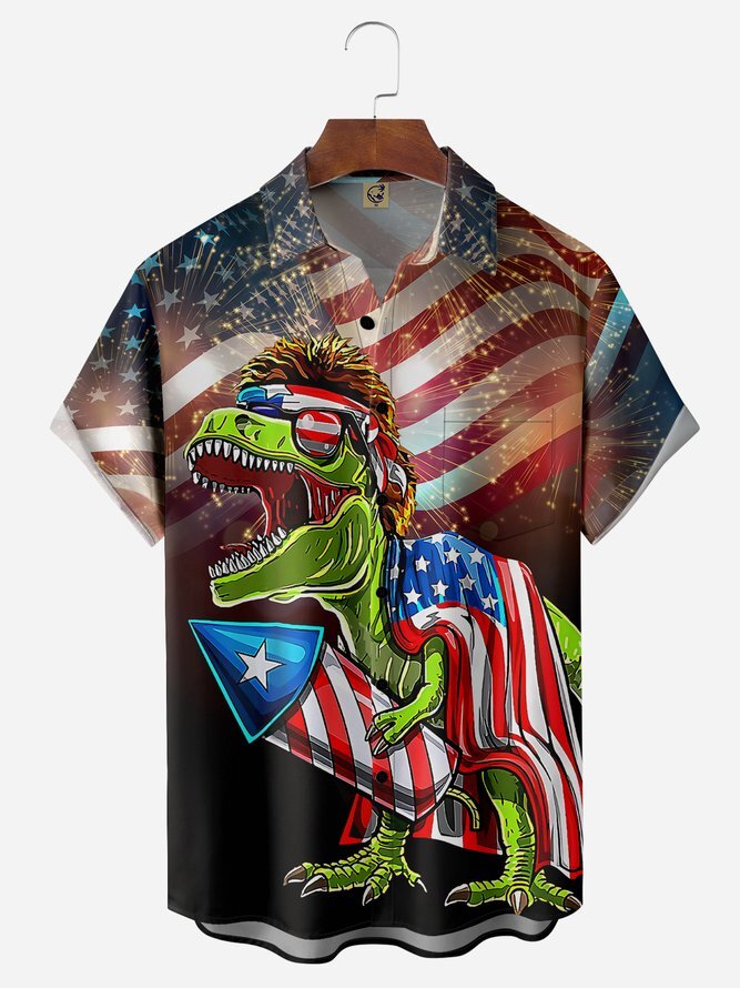 Independence Day Dinosaur Pocket Hawaiian Shirt for Patriotic Style