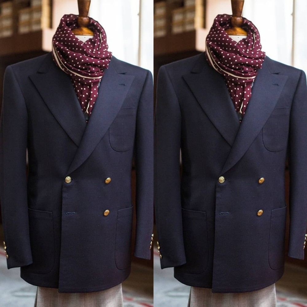 Formal Men's Suit Navy Blue Business Tuxedo Jacket Double Breasted Offical 2Pcs