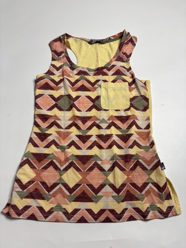 The North Face Women's XS EZ Tank Top with Side Knots Logo in Yellow Burgundy Print