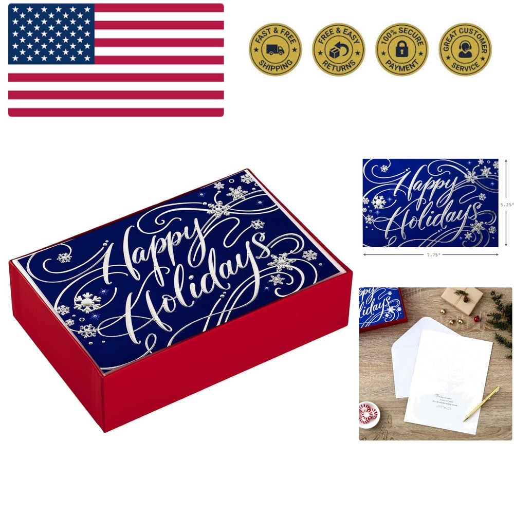 Christmas Cards Boxed with Envelopes, Happy Holidays 40 Blue Holiday Cards