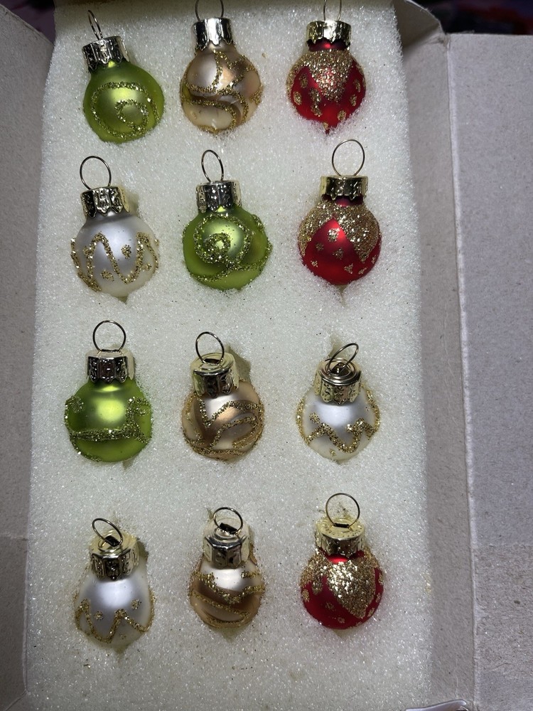 Vintage Lot 12 Glass Glitter Trim Feather Tree Christmas Ornaments Red Lt Green