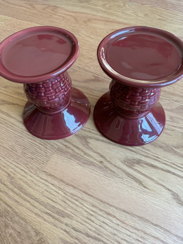 Longaberger Woven Traditions 5-inch Pillar Candle Holders in Paprika Red and Maroon - Set of 2  