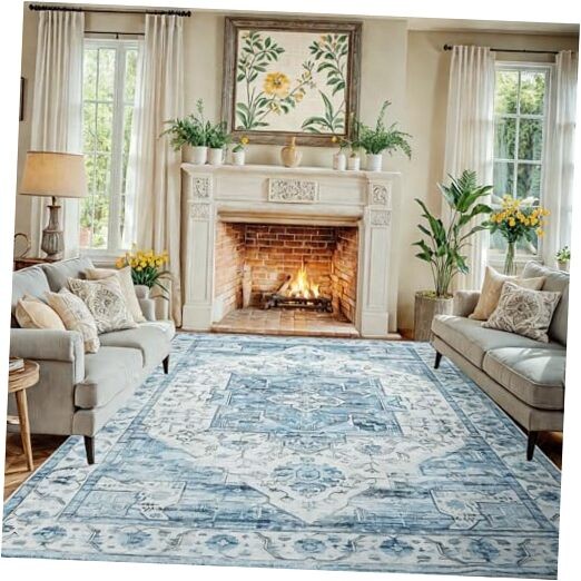 Washable Vintage Area Rug - Stain Resistant Large Living Room Carpet