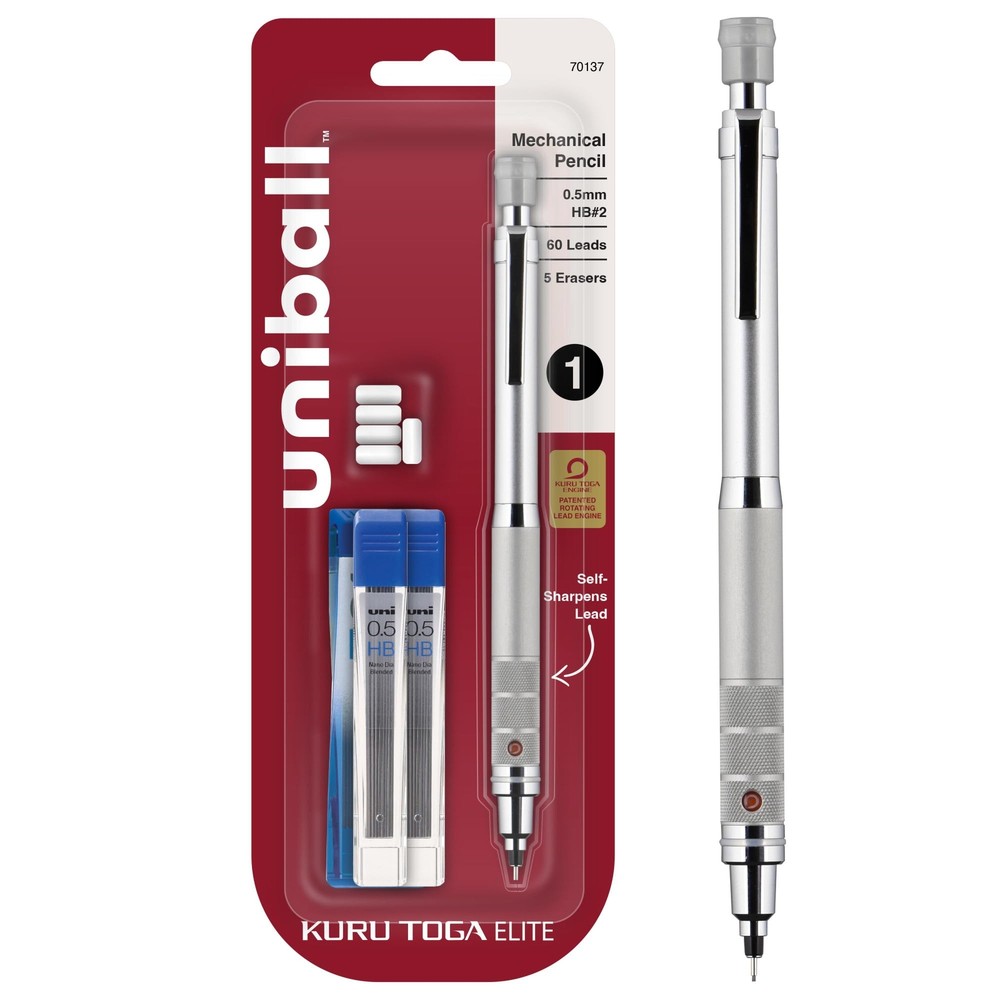 Uniball Kuru Toga Elite - Mechanical Pencil Starter Kit - Silver Barrel, 0.5m...