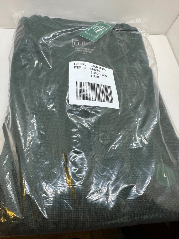 L.L. Bean Men's Unshrinkable Mini-Waffle Henley Cotton Forest Green LG NWT