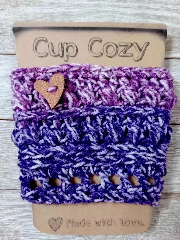 handmade crochet coffee cup drink cozy sleeve heart button purple chi