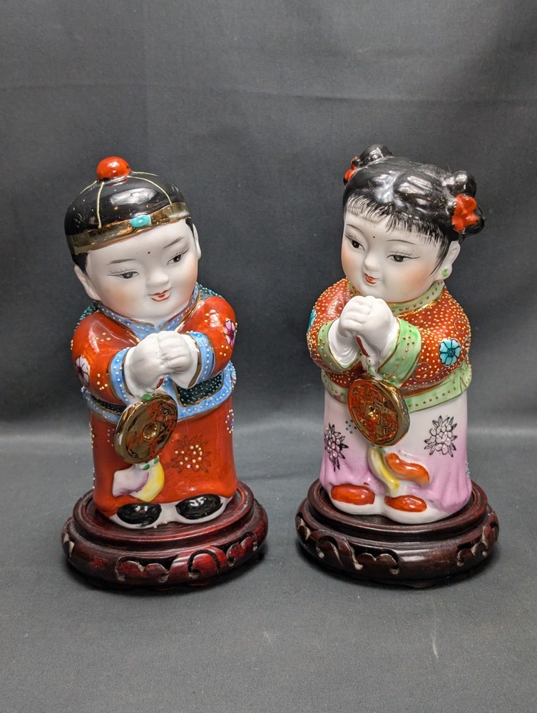 Pair Chinese Porcelain Good Luck Figures Jintong And Yunu On Wooden Stands