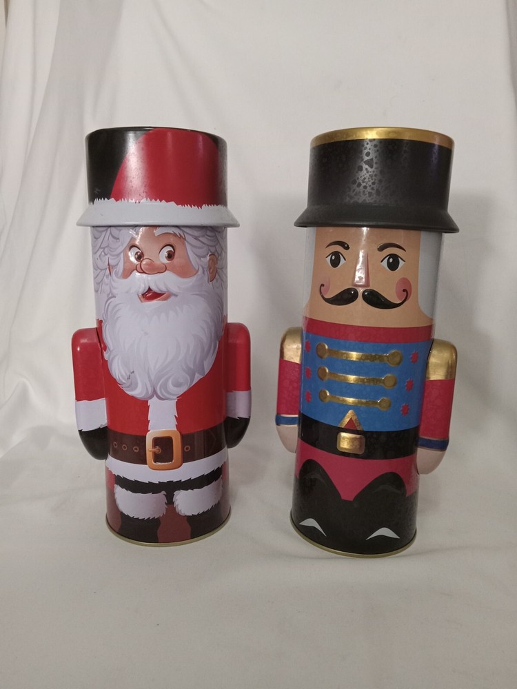 Christmas Tins- Set Of 2- Decorative Santa Tin Coin Bank & Nutcracker Tin