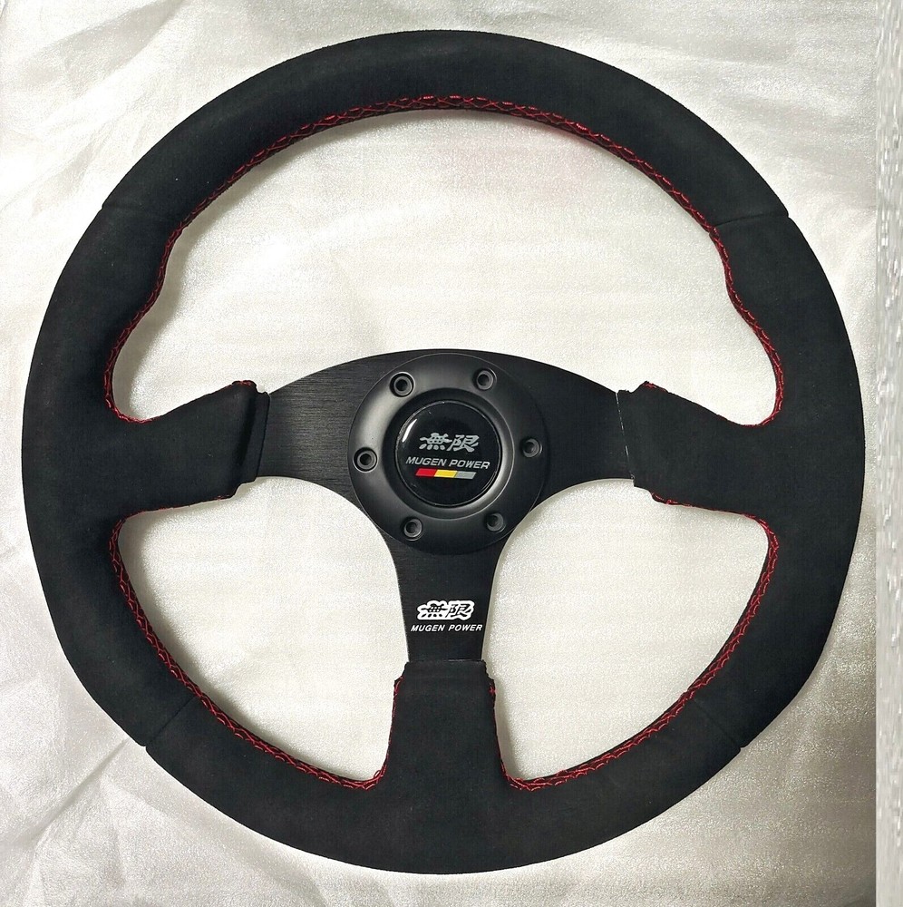 350mm Mugen Suede Leather Red Stitching Flat Racing Steering Wheel Fit OMP Hub