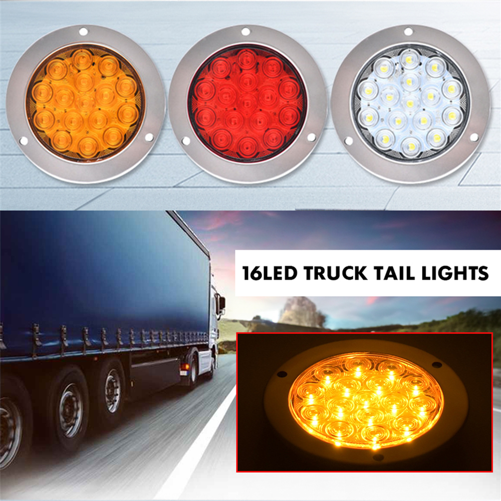 2x Chrome 4inch Round 16 LED Trailer Tail Light Waterproof Truck Stop Brake Lamp