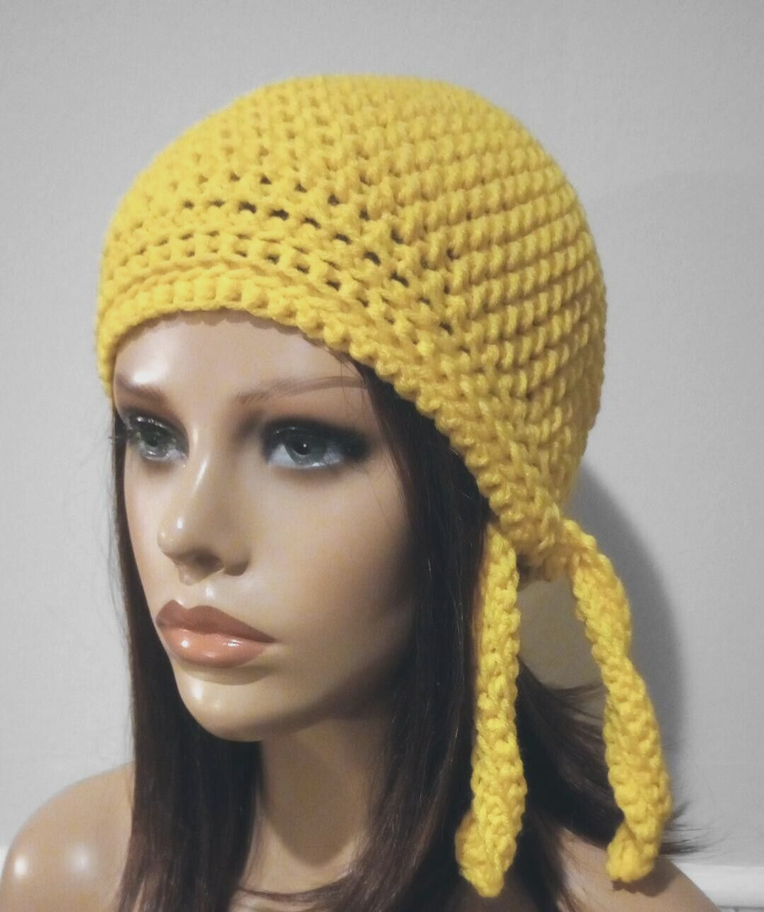 crochet womans handmade biker skull hat cancer chemo spring yellow USA made