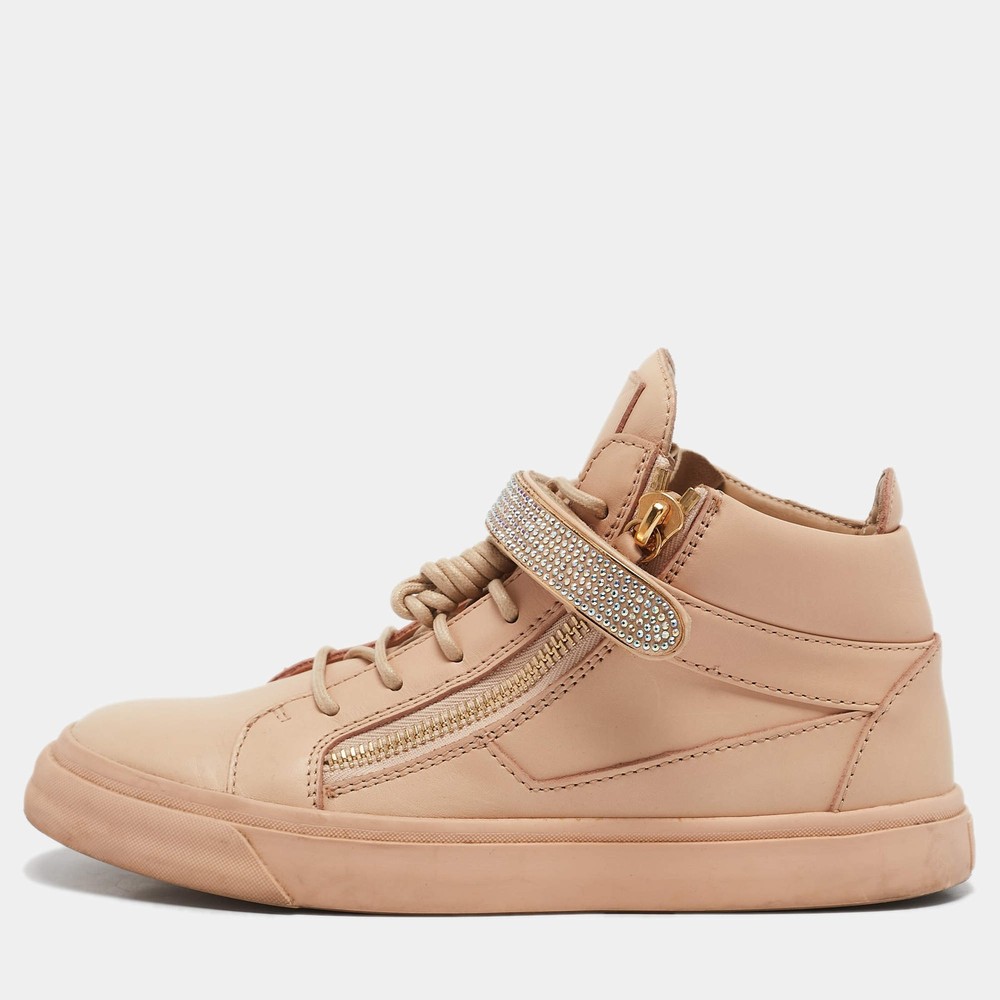 Giuseppe Zanotti Beige Leather Crystal Embellished Coby High Top Sneakers Size