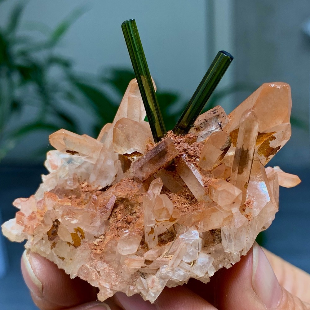 49G Natural Green tourmaline with quartz crystal cluster mineral specimen