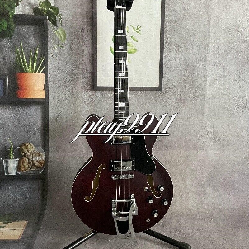 Matt Reddish Brown ES-335 Hollow Body Electric Guitar with Big Vibrato Bridge