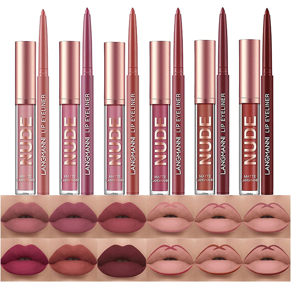 12Pcs Matte Liquid Lipstick & Lip Liner Set - Velvety Nude Waterproof Lip Stain