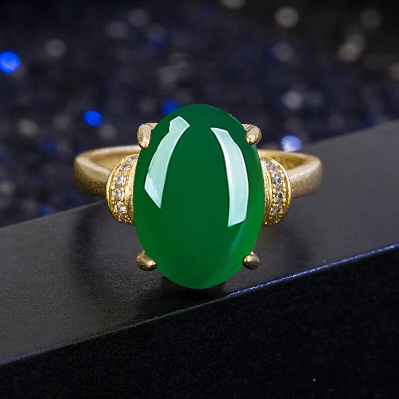 Green Natural Jade Rings Gifts for Women Real Jewelry Amulet 18K Gold Plated