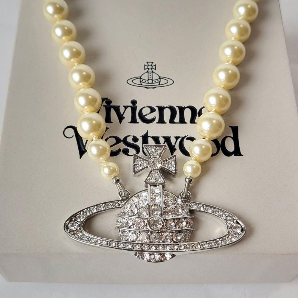 Vivienne Westwood Pearl Necklace Large Orb zircon silver Mint