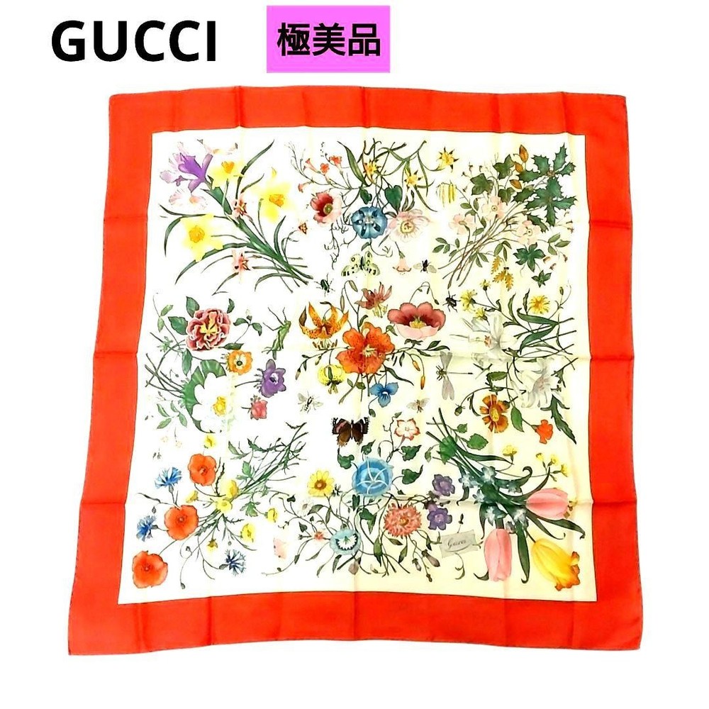 Gucci Silk Floral Scarf Red 88x88cm Japanese Import