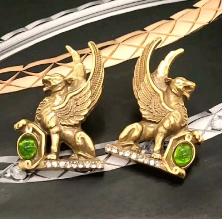 Vintage Estate Crystal Embellished Majestic Lion Gold Stud Earrings