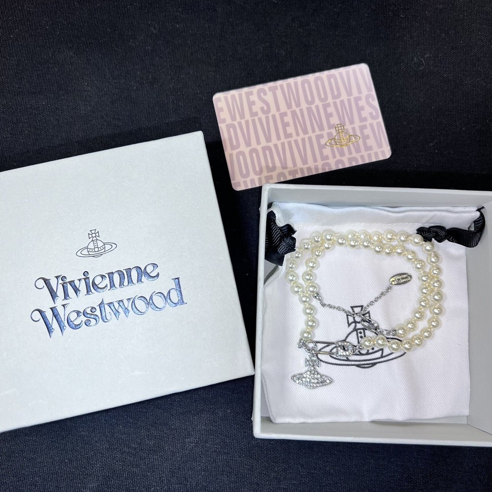 Vivienne Westwood Nana Orb Chain Necklace with Safety Pin Crystal Pearl Silver Tone 03