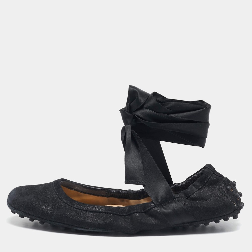 Tods Black Suede Scrunch Ribbon Ballet Flats Size 38.5