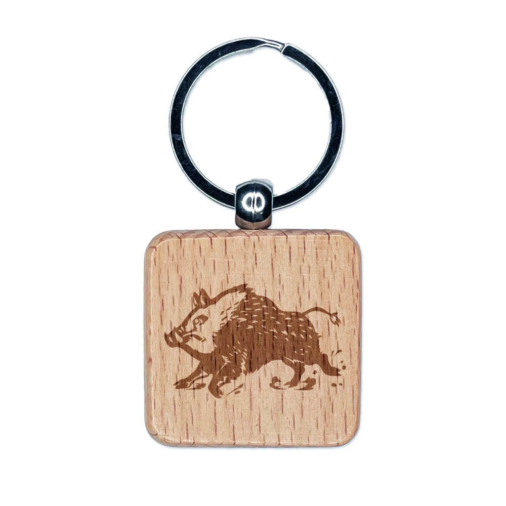 Charging Wild Boar Swine Pig Engraved Wood Square Keychain Tag Charm