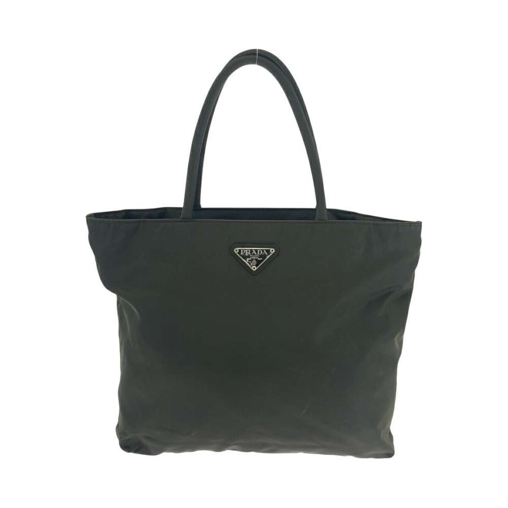 RARE Prada Tessuto Triangle Logo Khaki Silver Nylon Tote Bag