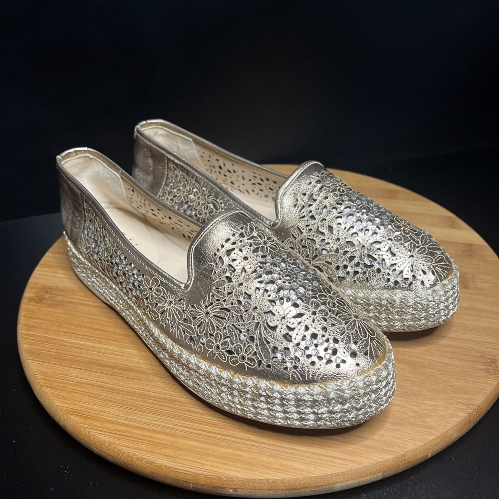 Baldinini Gold Crystal Laser-Cut Floral Espadrilles Womens US 8 EUC